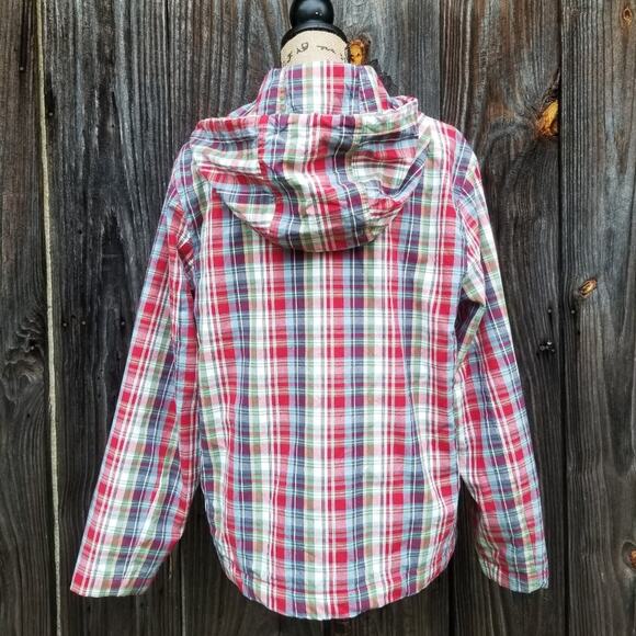 VTG Y2K Red Plaid Jacket Eddie Bauer Size M Hooded Zip Front Vintage 90s Med - Picture 3 of 10